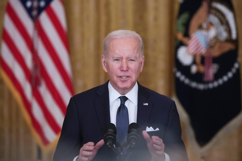 WASHINGTON, DC - FEBRUARY 15:  U.S. President Joe Biden delivers remarks on Russia and Ukraine in the East Room of the White House on February 15, 2022 in Washington, DC. President Biden said the United States remains open to high-level diplomacy in close coordination with allies, building on the multiple diplomatic off-ramps the U.S., its allies and partners have offered Russia in recent months.