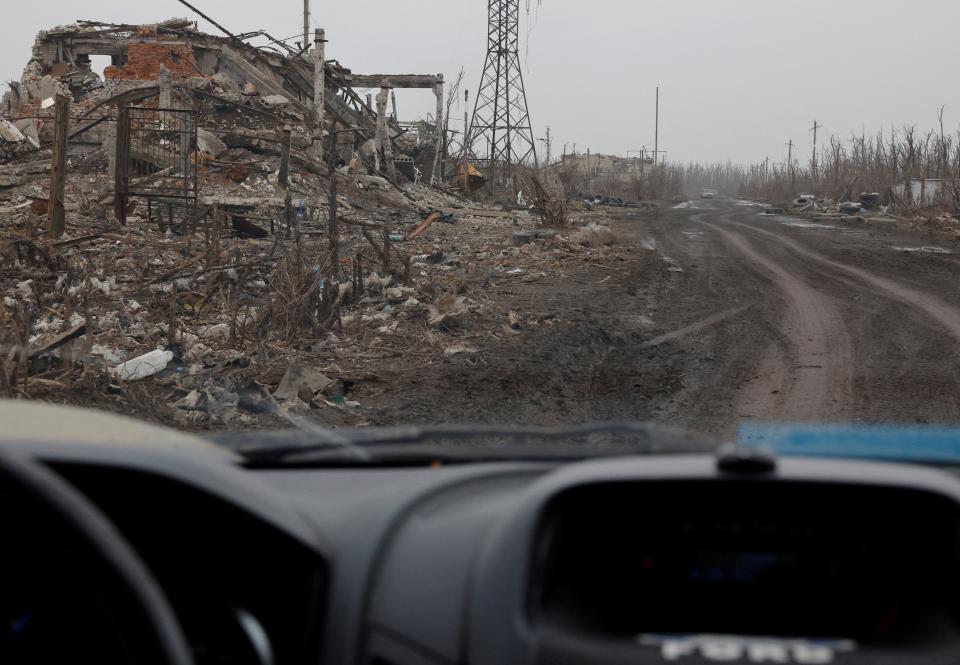 A view from a car shows buildings destroyed in Avdiivka on March 16, 2024.