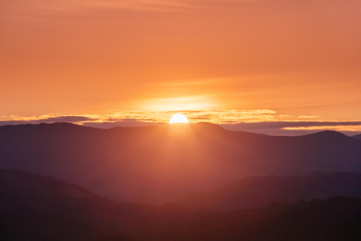 Beautiful sunrise. Sun rays enlighten the meadow with trees. Spring morning. Landscape with high mountains. Panoramic view. Natural scenery. Wallpaper background. Touristic place Carpathian park.