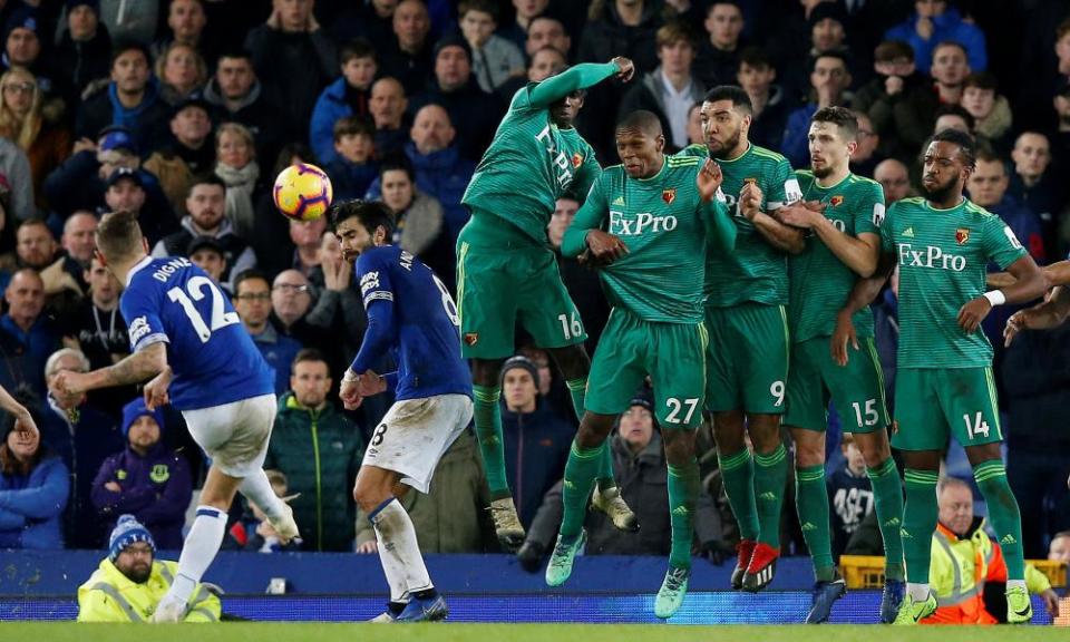 Lucas Digne (left) scores Everton’s injury-time equaliser against Watford.