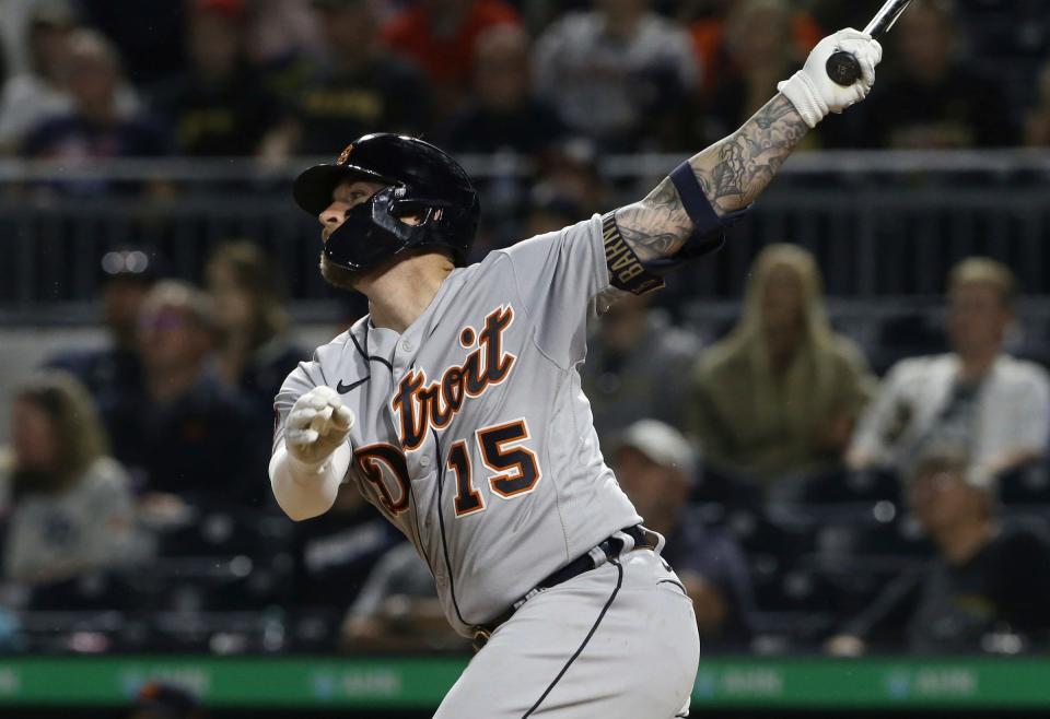 Tigers catcher Tucker Barnhart hits a single against the Pirates during the sixth inning on Tuesday, June 7, 2022, in Pittsburgh.