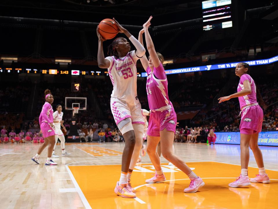 Tennessee's Jillian Hollingshead (53) looks to the basket while guarded by Arkansas' Jenna Lawrence (34) during an NCAA college basketball game on Monday, February 12, 2024 in Knoxville, Tenn.