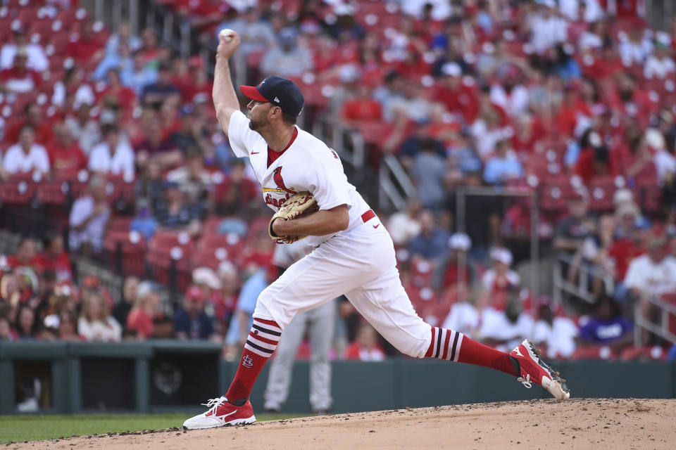 St. Louis Cardinals starting pitcher Adam Wainwright (50) throws during the second inning of a baseball game against the San Francisco Giants on, Sunday, May 15, 2022, in St. Louis. (AP Photo/Joe Puetz)