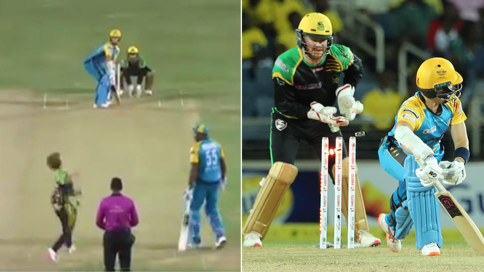 Adam Zampa produced an absolute googly to send off St. Lucia’s Mark Chapman in the CPL. Pic: @CPL/Getty