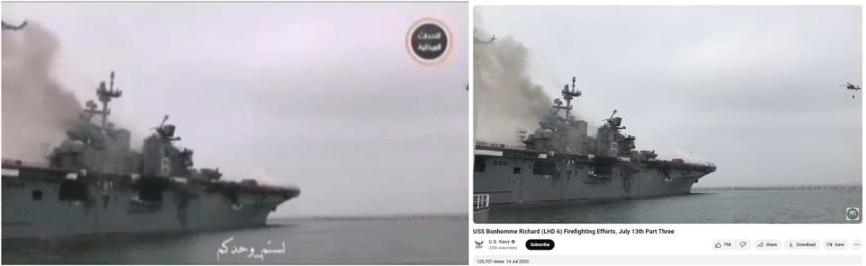 <span>Screenshot comparison of the falsely shared video (left) and the video on the US Navy's YouTube channel (right)</span>