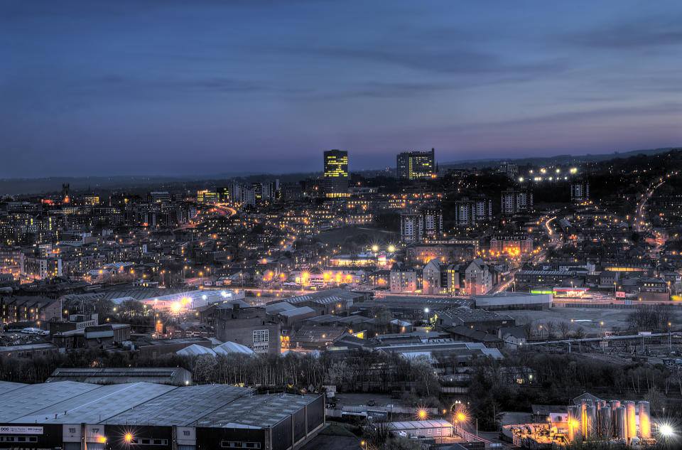 View of Sheffield city centre at dusk.