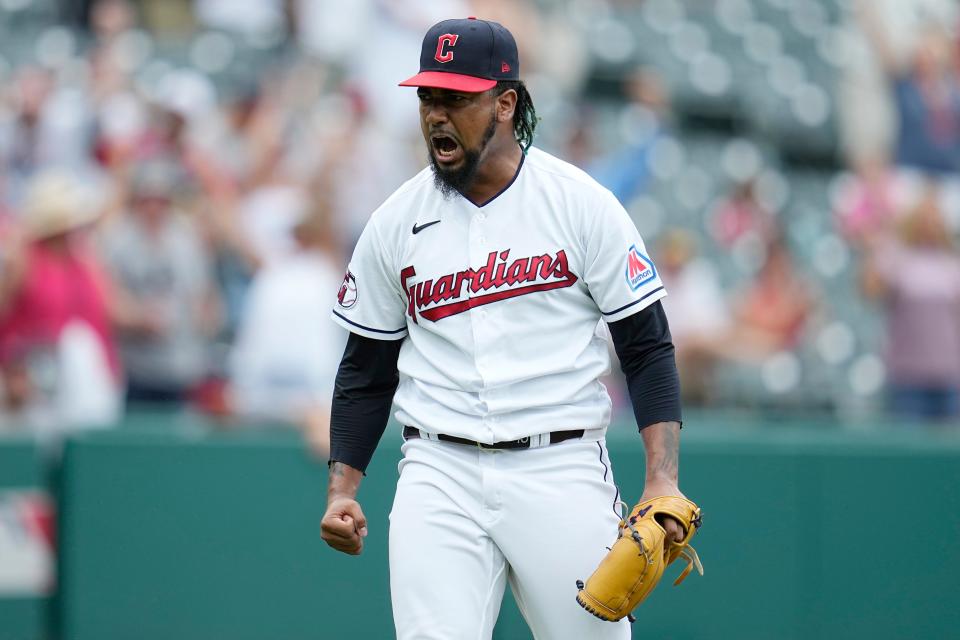 Cleveland Guardians relief pitcher Emmanuel Clase reacts after the Guardians defeated the Minnesota Twins on Sept. 6, 2023, in Cleveland.