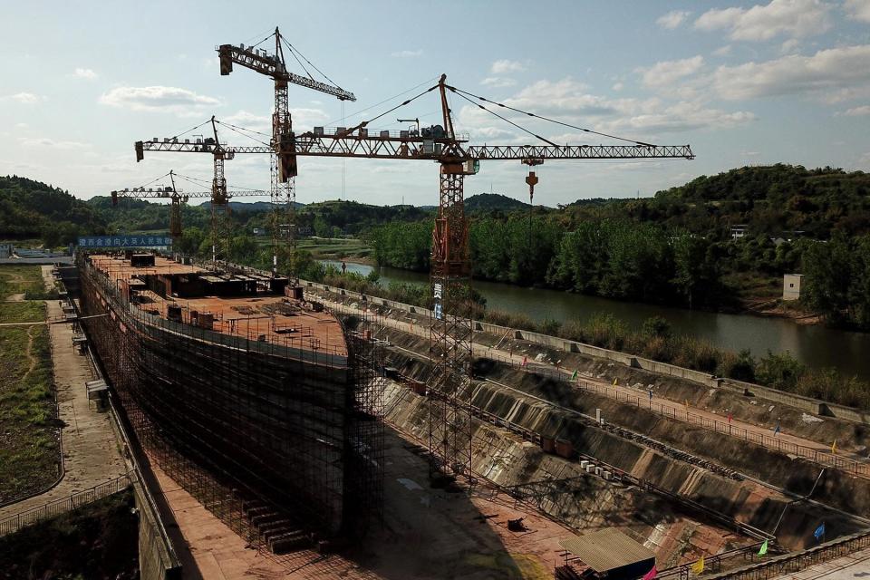 Aerial photo of a still-under-construction replica of the Titanic ship in Daying County in China's