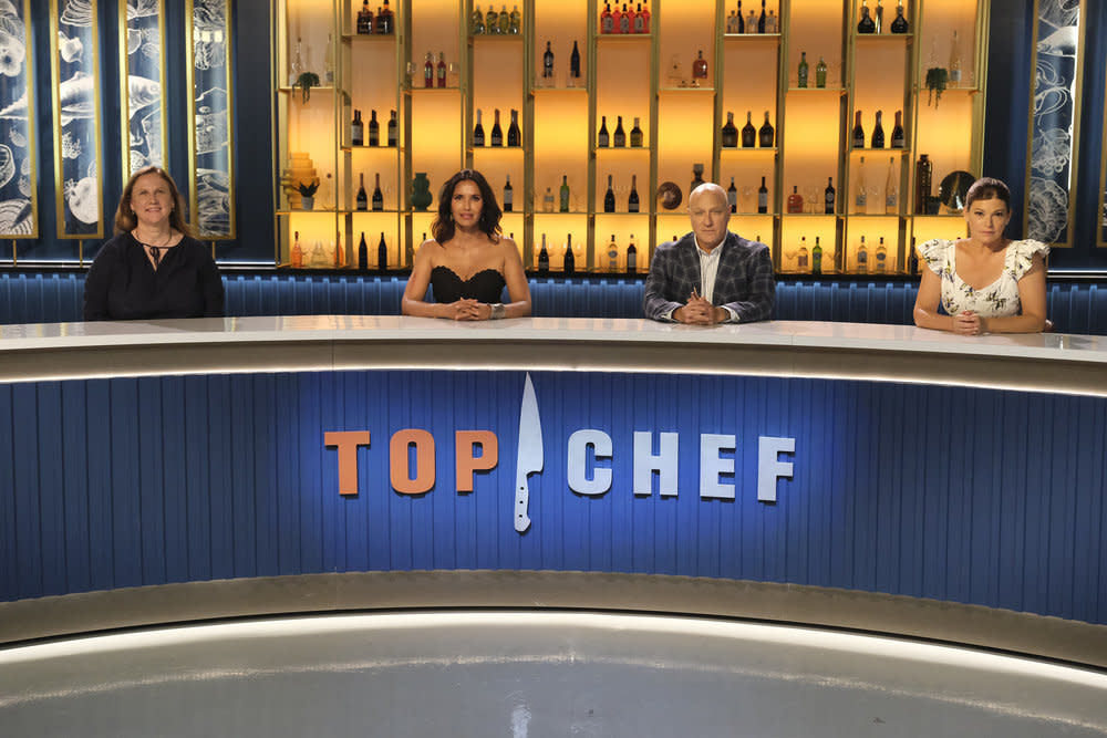 TOP CHEF -- Episode 2001 -- Pictured: (l-r) Angela Harnett, <span class="caas-xray-inline-tooltip"><span class="caas-xray-inline caas-xray-entity caas-xray-pill rapid-nonanchor-lt" data-entity-id="Padma_Lakshmi" data-ylk="cid:Padma_Lakshmi;pos:2;elmt:wiki;sec:pill-inline-entity;elm:pill-inline-text;itc:1;cat:MediaPersonality;" tabindex="0" aria-haspopup="dialog"><a href="https://search.yahoo.com/search?p=Padma%20Lakshmi" data-i13n="cid:Padma_Lakshmi;pos:2;elmt:wiki;sec:pill-inline-entity;elm:pill-inline-text;itc:1;cat:MediaPersonality;" tabindex="-1" data-ylk="slk:Padma Lakshmi;cid:Padma_Lakshmi;pos:2;elmt:wiki;sec:pill-inline-entity;elm:pill-inline-text;itc:1;cat:MediaPersonality;" class="link ">Padma Lakshmi</a></span></span>, <span class="caas-xray-inline-tooltip"><span class="caas-xray-inline caas-xray-entity caas-xray-pill rapid-nonanchor-lt" data-entity-id="Tom_Colicchio" data-ylk="cid:Tom_Colicchio;pos:3;elmt:wiki;sec:pill-inline-entity;elm:pill-inline-text;itc:1;cat:BusinessPerson;" tabindex="0" aria-haspopup="dialog"><a href="https://search.yahoo.com/search?p=Tom%20Colicchio" data-i13n="cid:Tom_Colicchio;pos:3;elmt:wiki;sec:pill-inline-entity;elm:pill-inline-text;itc:1;cat:BusinessPerson;" tabindex="-1" data-ylk="slk:Tom Colicchio;cid:Tom_Colicchio;pos:3;elmt:wiki;sec:pill-inline-entity;elm:pill-inline-text;itc:1;cat:BusinessPerson;" class="link ">Tom Colicchio</a></span></span>, <span class="caas-xray-inline-tooltip"><span class="caas-xray-inline caas-xray-entity caas-xray-pill rapid-nonanchor-lt" data-entity-id="Gail_Simmons" data-ylk="cid:Gail_Simmons;pos:4;elmt:wiki;sec:pill-inline-entity;elm:pill-inline-text;itc:1;cat:MediaPersonality;" tabindex="0" aria-haspopup="dialog"><a href="https://search.yahoo.com/search?p=Gail%20Simmons" data-i13n="cid:Gail_Simmons;pos:4;elmt:wiki;sec:pill-inline-entity;elm:pill-inline-text;itc:1;cat:MediaPersonality;" tabindex="-1" data-ylk="slk:Gail Simmons;cid:Gail_Simmons;pos:4;elmt:wiki;sec:pill-inline-entity;elm:pill-inline-text;itc:1;cat:MediaPersonality;" class="link ">Gail Simmons</a></span></span> -- (Photo by: David Moir/Bravo)