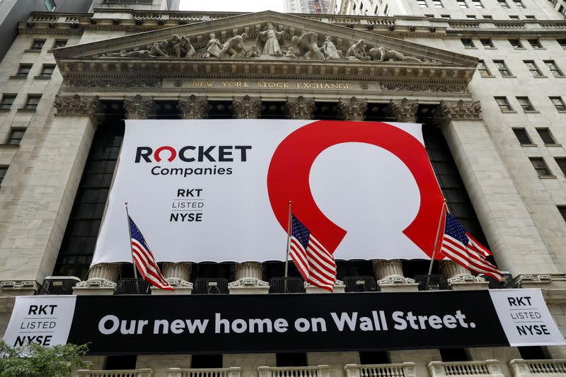 A banner celebrating Rocket Companies Inc. IPO is seen on the front facade of the NYSE in New York