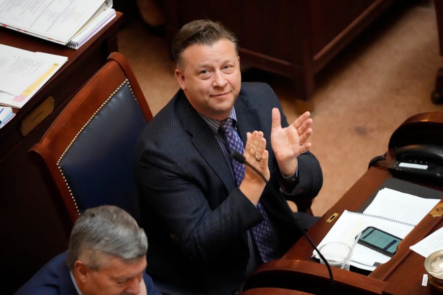 FILE - Republican state Sen. Todd Weiler looks on as he sits on the Senate floor on March 2, 2023, at the Utah State Capitol in Salt Lake City. A law requiring porn sites verify the age of their users takes effect on Wednesday, May 3, 2023, in Utah, a deeply conservative state where politics and culture are dominated by The Church of Jesus Christ of Latter-day Saints. Its implementation comes days after Pornhub blocked its site and videos in Utah in protest. (AP Photo/Rick Bowmer, File)