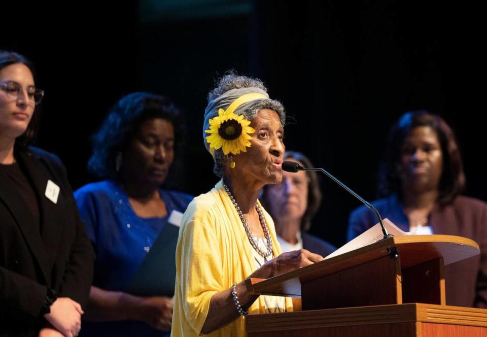 Mother Bonnie Riley gives her testimony describing how she and her husband ended up homeless during PACT’s assembly addressing rising rents and other issues with Miami-Dade government officials.