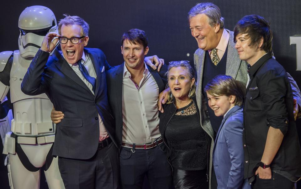 James Blunt, Carrie Fisher, Stephen Fry, Elliott Spencer and guests at the 'Star Wars: The Force Awakens' film premiere, 2015