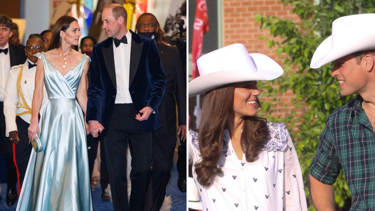  (L) Prince William and Kate Middleton in the Caribbean, (R) Prince William and Kate wearing cowboy hats. 