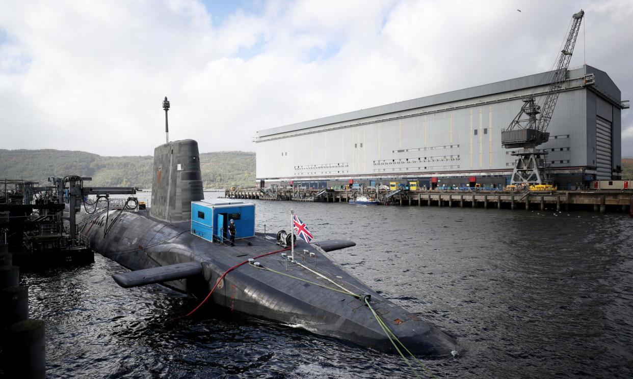 <span>HMS Vengeance at Faslane in Scotland. The Vanguard class vessel can be armed with Trident nuclear missiles.</span><span>Photograph: Jane Barlow/PA</span>