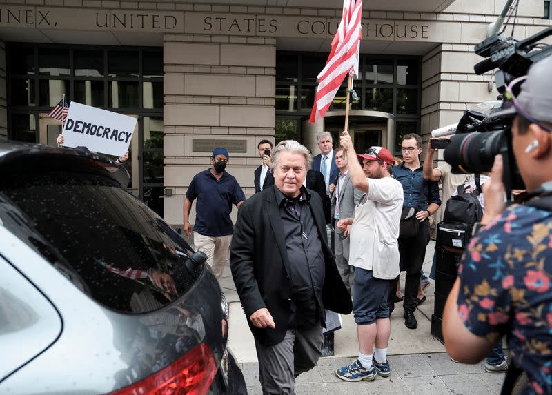 Former Trump White House chief strategist Steve Bannon departs after the opening day of his trial on contempt of Congress charges