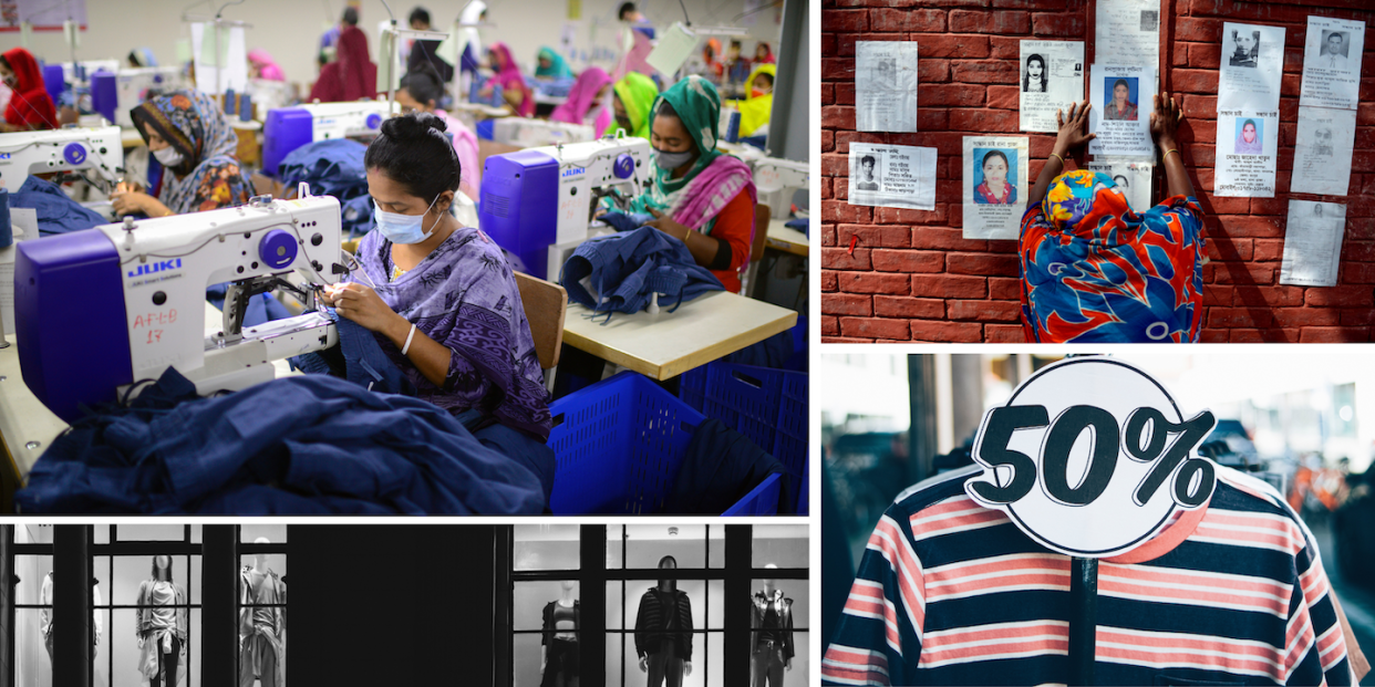 That cheap statement piece comes at a price: the industry has a 'murderous disregard for human life.' (Clockwise: AP/Mahmud Hossain; AP/Ismail Ferdous; Unsplash/Markus Spiske; Unsplash/Clem Onojeghuo)