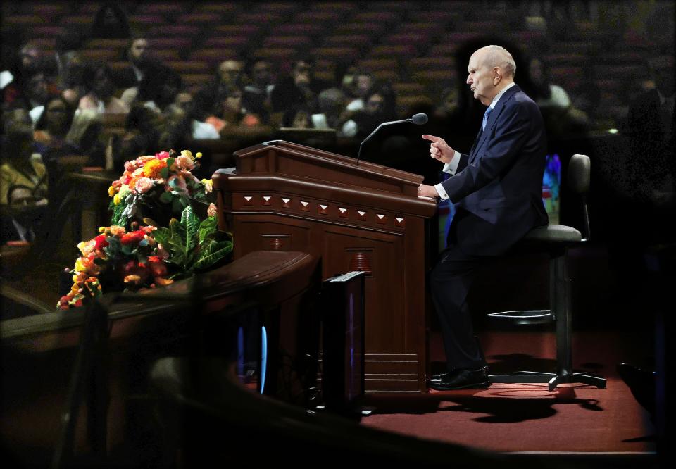 President Russell M. Nelson sits as he speaks during general conference in Salt Lake City on Oct. 1, 2022.