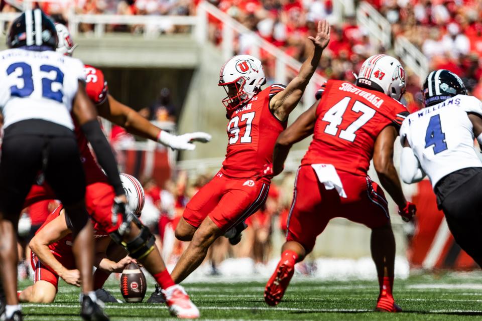 Utah Utes place kicker Joey Cheek (97) kicks a field goal during their football game against the Weber State Wildcats at Rice-Eccles Stadium in Salt Lake City on Saturday, Sept. 16, 2023. | Megan Nielsen, Deseret News