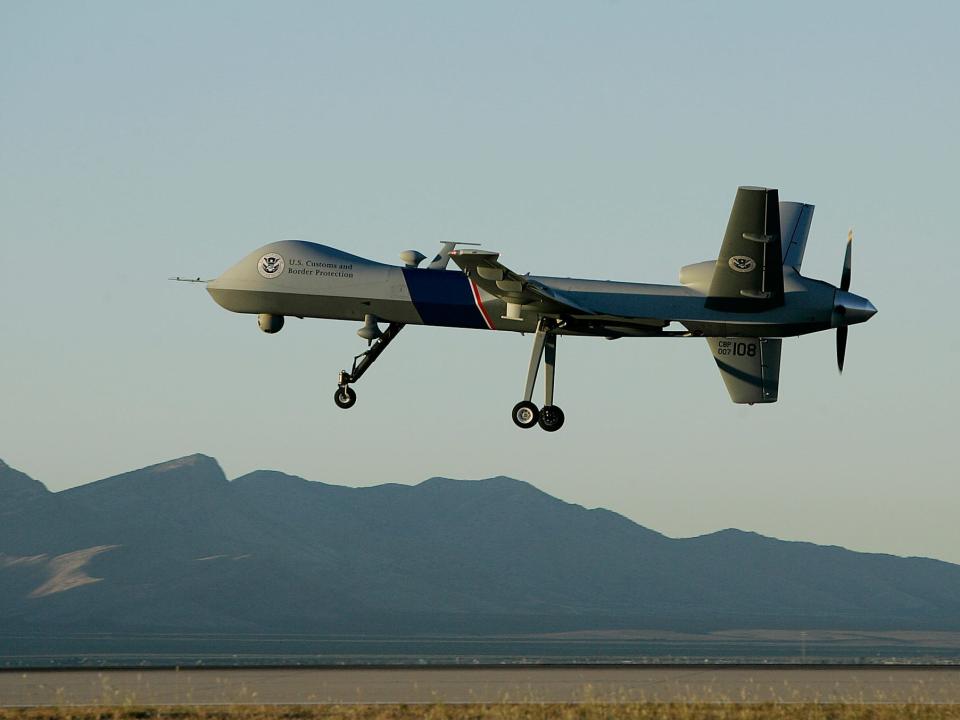 A Predator drone, an unmanned aerial vehicle, takes off on a US Customs Border Patrol mission from Fort Huachuca, Arizona.
