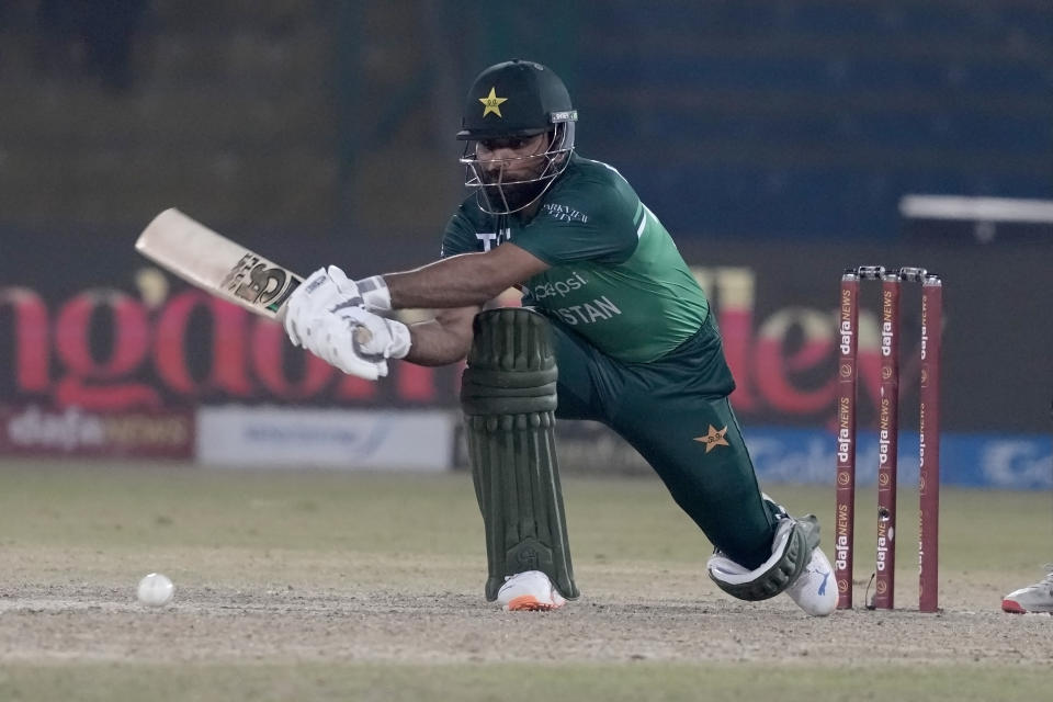 Pakistan's Fakhar Zaman plays a shot during the first one-day international cricket match between Pakistan and New Zealand, in Karachi, Pakistan, Monday, Jan. 9, 2023. (AP Photo/Fareed Khan)
