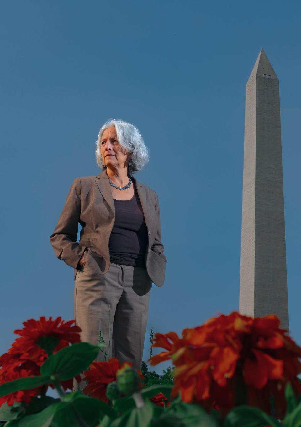 Joan Meier in front of the Washington monument