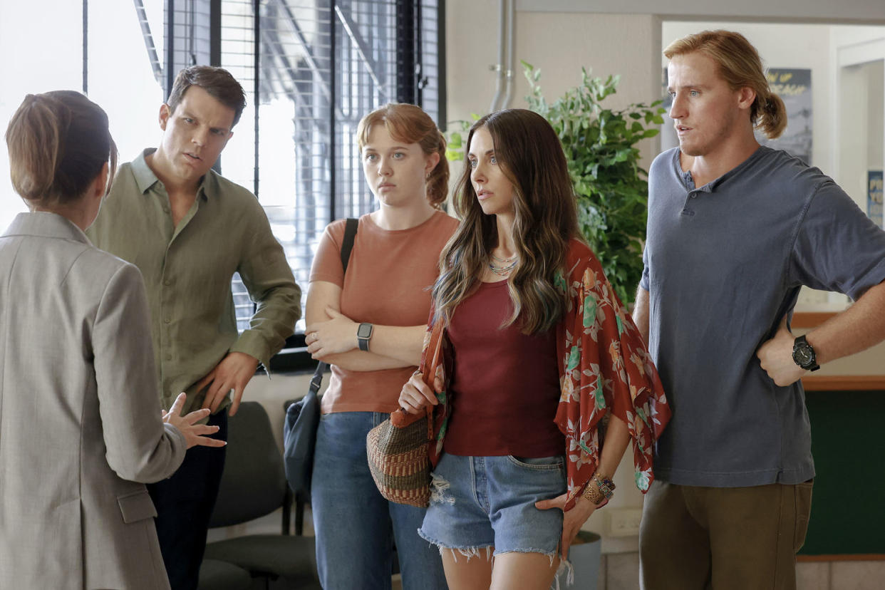 Jake Lacy as Troy, Essie Randles as Brooke, Alison Brie as Amy, and Conor Merrigan-Turner as Logan in 