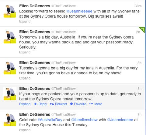 The stream of tweets from Ellen's account causing excitement locally. Photo: Twitter/Ellen