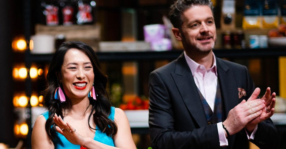 Melissa Leong and Jock Zonfrillo on the MasterChef set