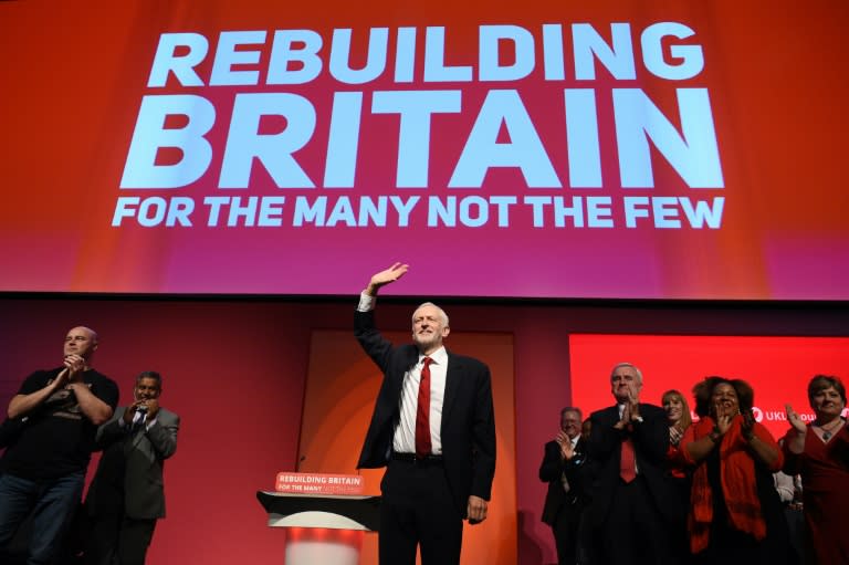 Britain's opposition Labour Party leader Jeremy Corbyn acknowledges applause after his keynote speech on the final day of the Labour party conference in Liverpool