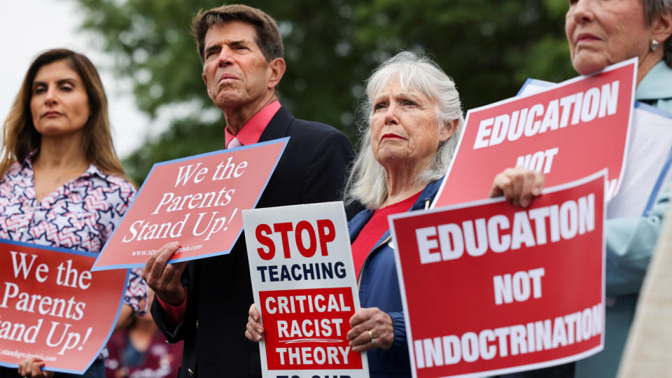 Opponents of the academic doctrine known as Critical Race Theory protest outside the Loudoun County School Board headquarters in Ashburn, Va., on June 22, 2021. 
