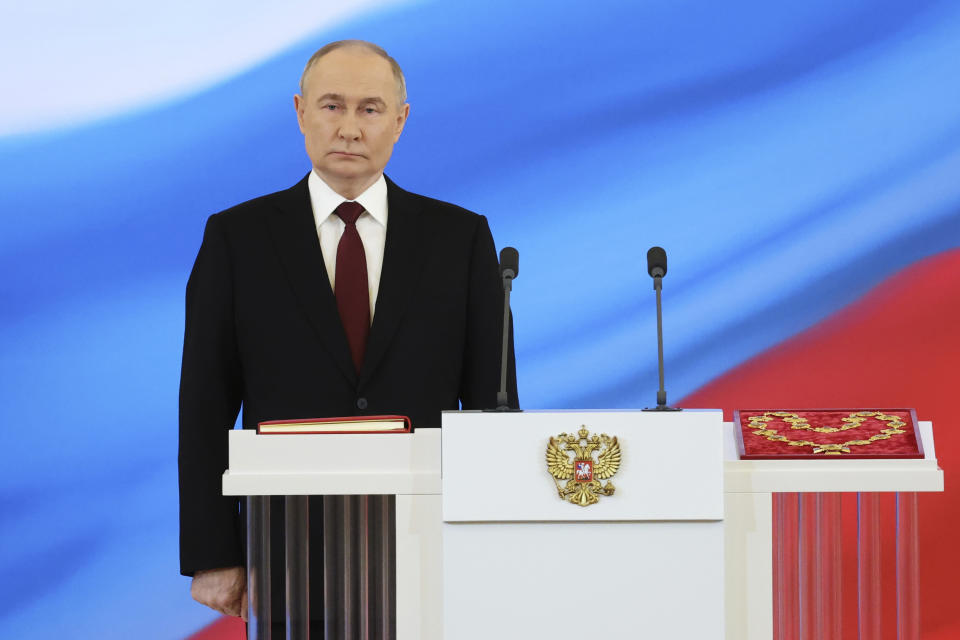 Vladimir Putin attends an inauguration ceremony as Russian president in the Grand Kremlin Palace in Moscow, Russia, Tuesday, May 7, 2024. (Alexander Kazakov, Sputnik, Kremlin Pool Photo via AP)