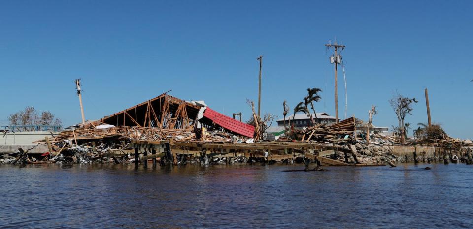 The Bridgewater Inn in Matlacha, photographed Friday September 30, 2022, was completely toppled after impact from Hurricane Ian.