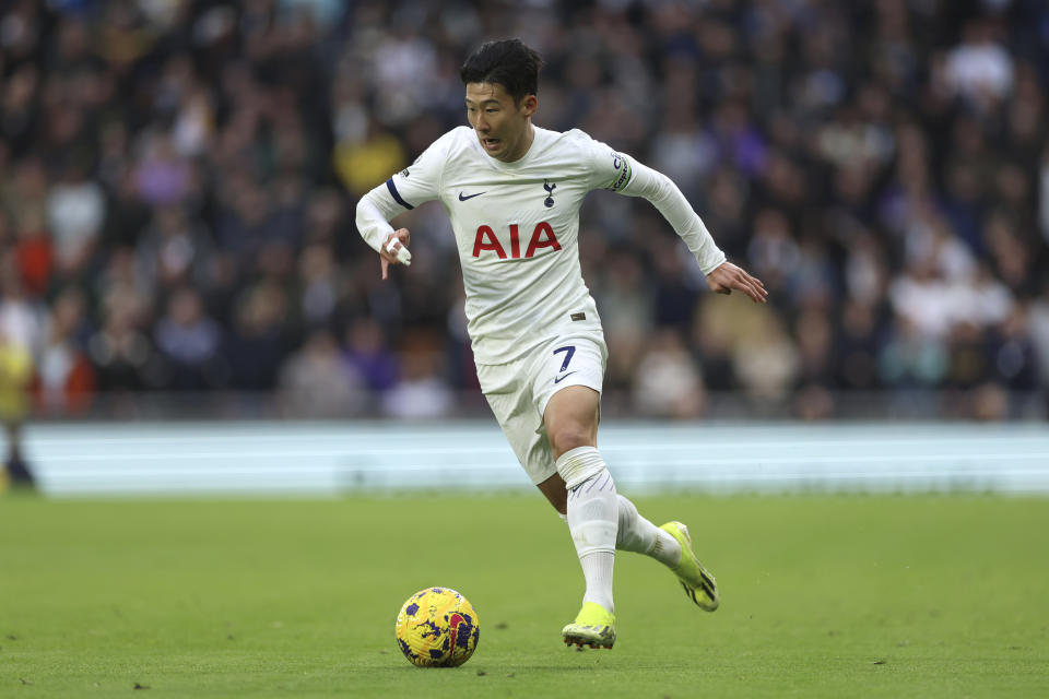 Tottenham's Son Heung-min in action during the English Premier League soccer match between Tottenham Hotspur and Wolverhampton at the Tottenham Hotspur Stadium in London, Saturday, Feb. 17, 2024. (AP Photo/Ian Walton)