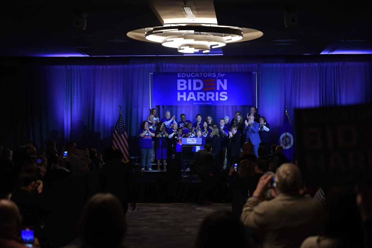 First Lady of the United States Dr. Jill Biden speaks at the Education Minnesota’s convention in Bloomington, Minn. with the American Federation of Teachers (AFT) and National Education Association (NEA) on April 19, 2024.