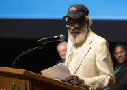 In this photo provided by the University of Mississippi, James Meredith speaks at the University of Mississippi in Oxford, Thursday, Sept. 28, 2022, during an event celebrating 60 years of integration. In 1962, Meredith became the first Black student to enroll in the university, and federal marshals escorted him onto the campus as white protesters erupted in violence. (Thomas Graning/University of Mississippi via AP)