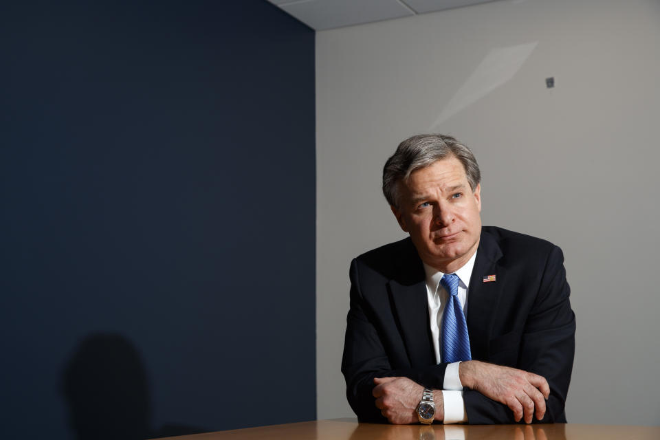 FBI Director Christopher Wray listens during an interview with The Associated Press, Monday, Dec. 9, 2019, in Washington. Wray says the problems found by the Justice Department watchdog examining the origins of the Russia probe are “unacceptable." (AP Photo/Jacquelyn Martin)