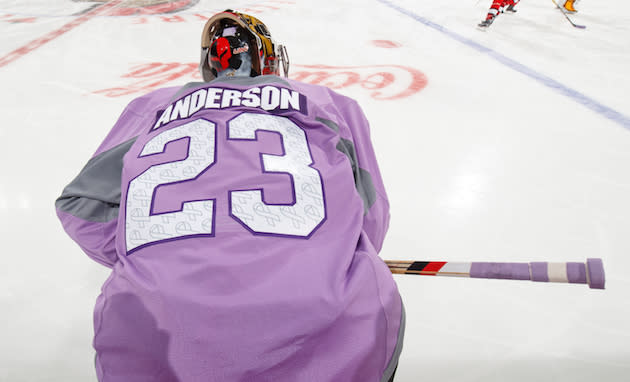 OTTAWA, ON - NOVEMBER 5: On Hockey Fights Cancer night, Craig Anderson #41 of the Ottawa Senators wears the number 23 on his lavender jersey during warmup in honor of his wife, Nicholle Anderson (23 is her favorite number), who was recently diagnosed with cancer, prior to a game against the Buffalo Sabres at Canadian Tire Centre on November 5, 2016 in Ottawa, Ontario, Canada. (Photo by Andre Ringuette/NHLI via Getty Images)