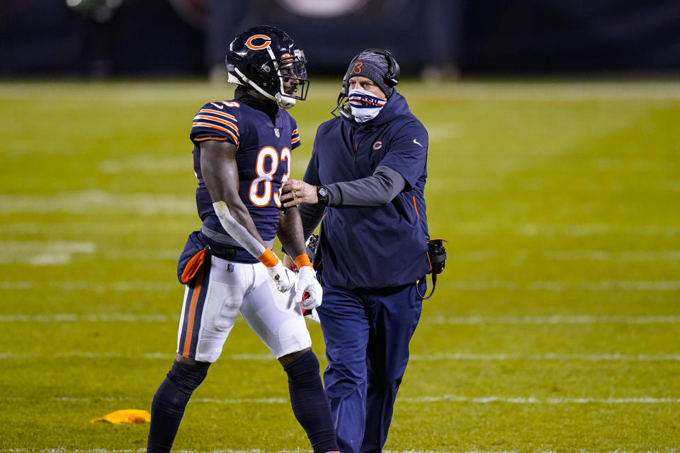 Chicago Bears wide receiver Javon Wims (83) talks with head coach Matt Nagy after being flagged for unnecessary roughness in the second half of an NFL football game against the New Orleans Saints in Chicago, Sunday, Nov. 1, 2020. Wims was ejected from the game. (AP Photo/Nam Y. Huh)
