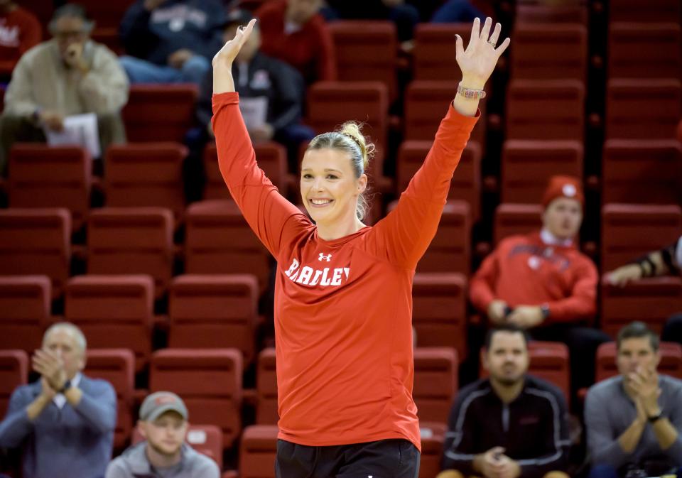 New Bradley women's basketball head coach Katie Popovec-Goss makes her entrance Saturday, Oct. 15, 2022 during the Red-White Showcase at Renaissance Coliseum. The new men's and women's teams were introduced and participated in drills and skills contests during the event.