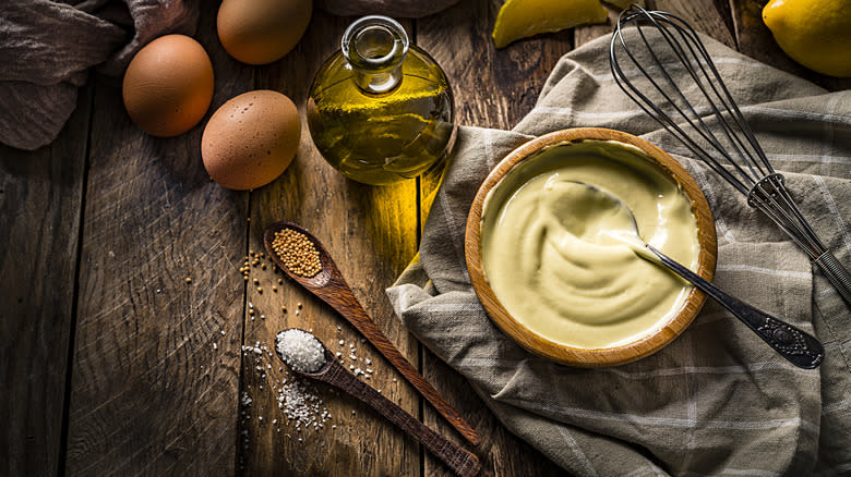 homemade mayonnaise in wooden bowl