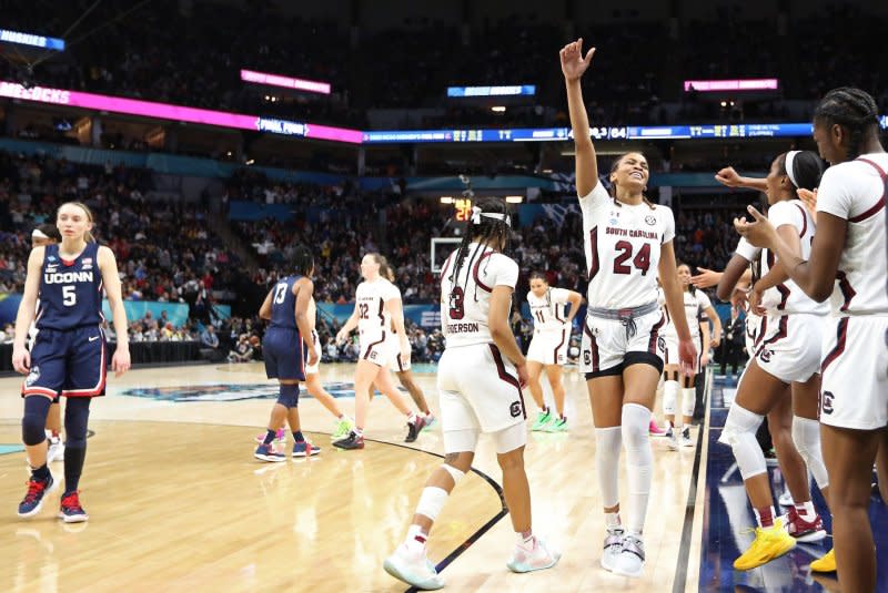 Star guard Paige Bueckers (5) and the UConn Huskies lost to South Carolina in the 2022 title game. File Photo by Aaron Josefczyk/UPI