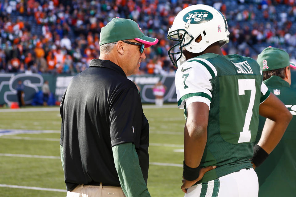 Geno Smith and Rex Ryan during a Jets game in 2014. (Getty)