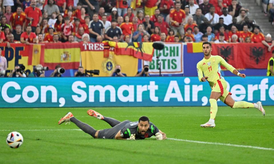 <span>Ferran Torres opens the scoring for Spain with a smart finish.</span><span>Photograph: Ina Fassbender/AFP/Getty Images</span>