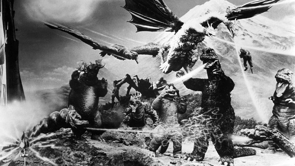 Mothra, Vouran, Rodan, Spigu, Angillus, Godzilla, Ghidrah, Mandu, Gorosaurus in DESTROY ALL MONSTERS, 1968