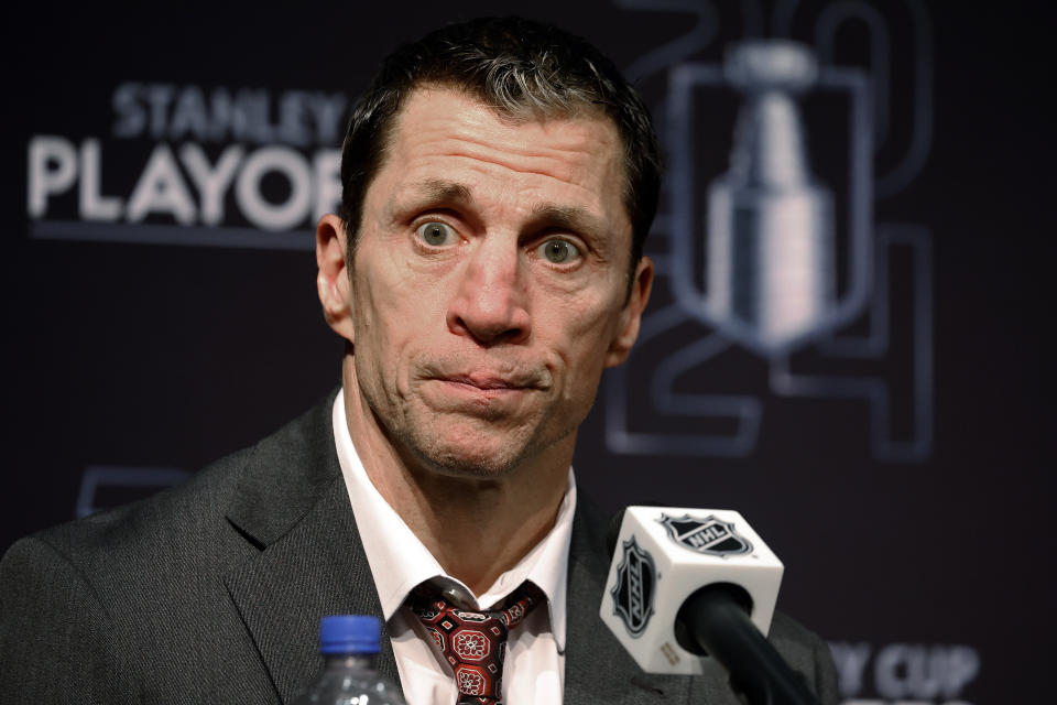 Carolina Hurricanes coach Rod Brind'Amour speaks during a news conference following the Hurricanes' loss to the New York Rangers in Game 6 of an NHL hockey Stanley Cup second-round playoff series in Raleigh, N.C., Thursday, May 16, 2024. (AP Photo/Karl B DeBlaker)