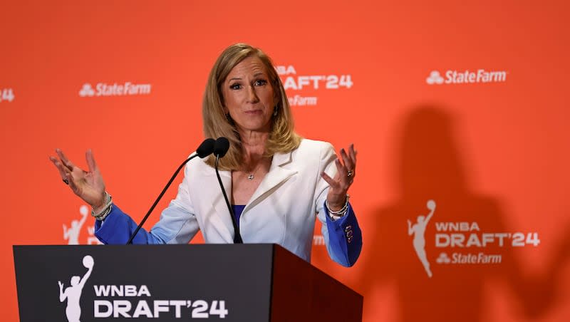 WNBA commissioner Cathy Engelbert speaks to the media before the WNBA basketball draft on Monday, April 15, 2024, in New York.