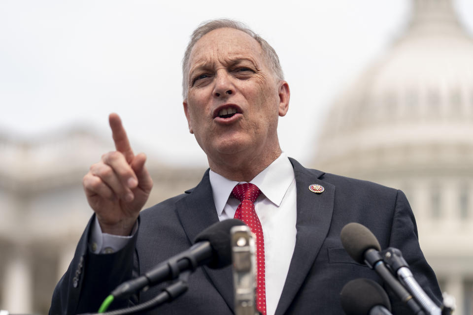 Rep. Andy Biggs, R-Ariz., Chairman of the House Freedom Caucus, speaks at a news conference on Capitol Hill in Washington, Thursday, July 29, 2021, to complain about Speaker of the House Nancy Pelosi, D-Calif. and masking policies. (AP Photo/Andrew Harnik)