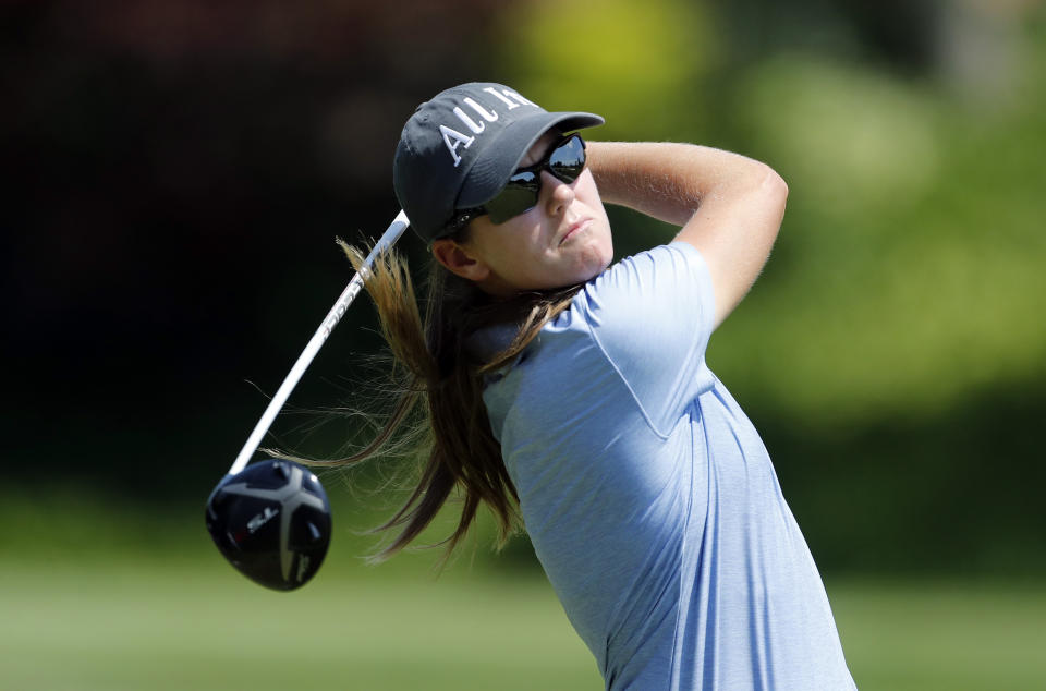 Cydney Clanton drives on the eighth tee during the third round of the Dow Great Lakes Bay Invitational golf tournament, Friday, July 19, 2019, in Midland, Mich. (AP Photo/Carlos Osorio)