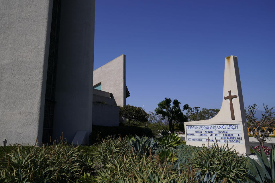 Geneva Presbyterian Church, as seen on Tuesday, May 17, 2022, in Laguna Woods, Calif. A shooting at the church on Sunday left one dead and five injured. (AP Photo/Ashley Landis)